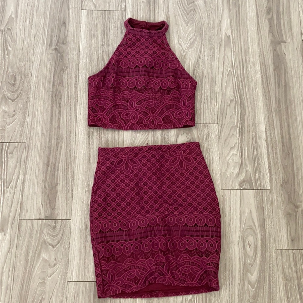 2-piece maroon crop top/ mini skirt set